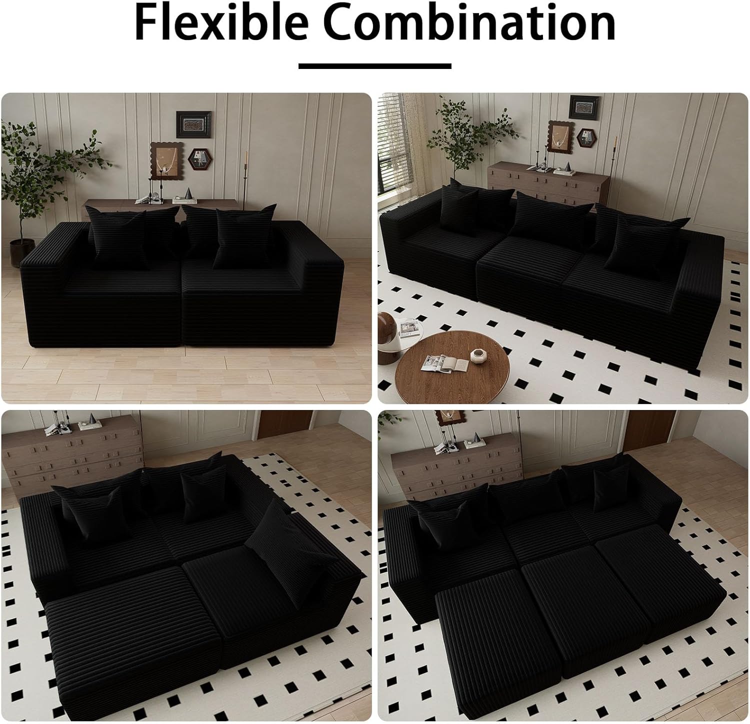 Oversized Cloud Couch Ottoman, Frameless Wide-Wale Corduroy Footrest for Living Room, High-Density All-Foam Large Rectangle Boneless Ottoman Coffee Table for Sectional Sofa (Black, Ottoman)