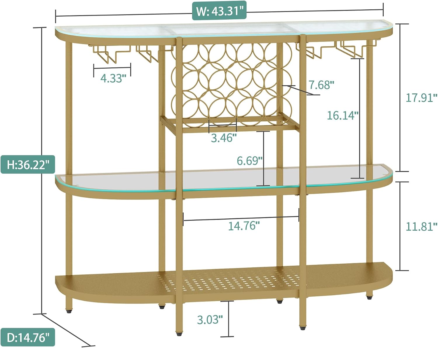 O&K FURNITURE Home Bar Table with Wine Racks, 3 Tier Wine Bar Table with Glass Holders, Wine Cabinet with Open Shelf, Liquor Bar Coffee Bar Table for Living Room Kitchen, Gold