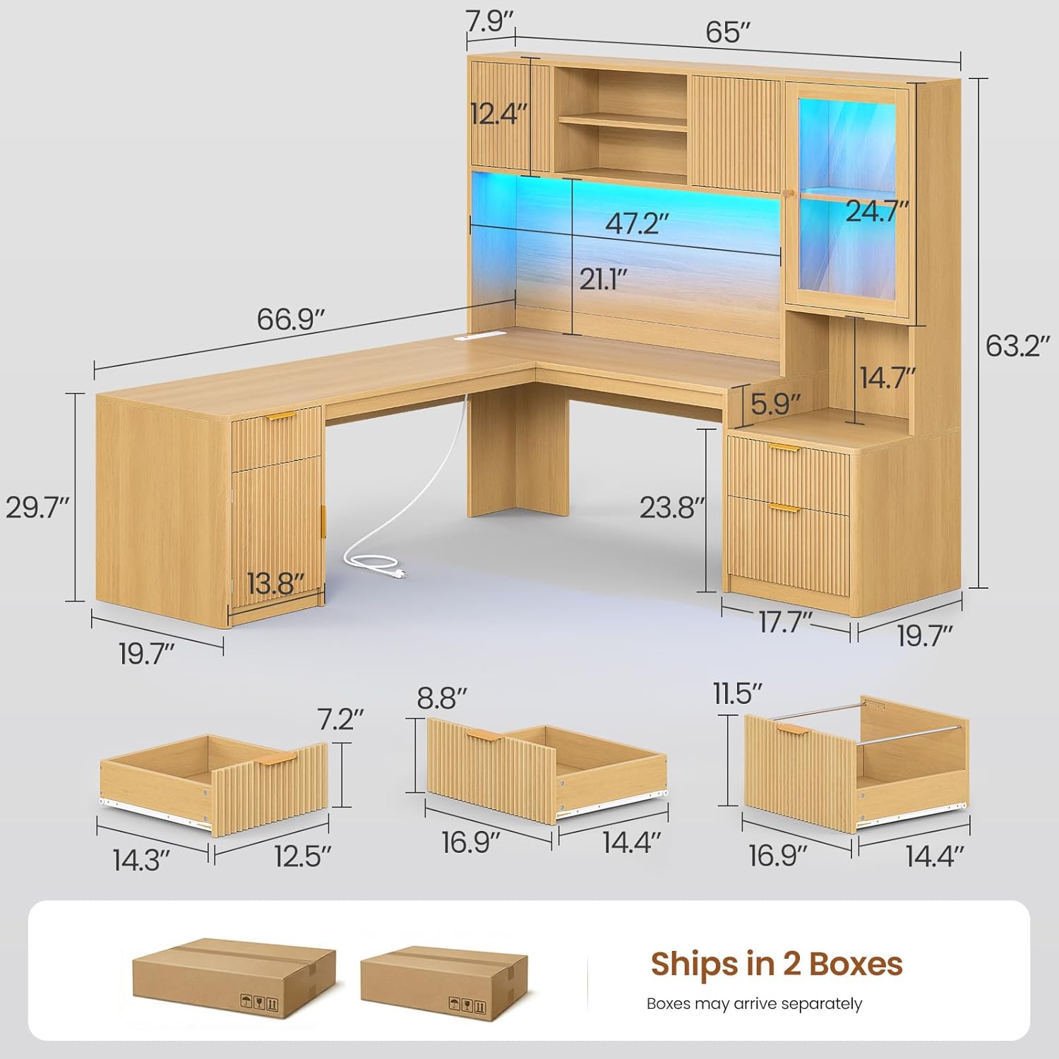 SEDETA 67" x 65" L Shaped Desk with Hutch, RGB LED Corner Computer Desk with Power Outlets, Fluted Home Office Desk with File Drawer, Storage Cabinet & Glass Display Cabinet for Gaming & Working, Oak