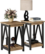 ChooChoo Farmhouse End Table, Rustic Vintage End Side Table with Storage Shelf for Small Spaces, Nightstand Sofa Table for Living Room, Bedroom,Rustic Oak & Black 2 Pack