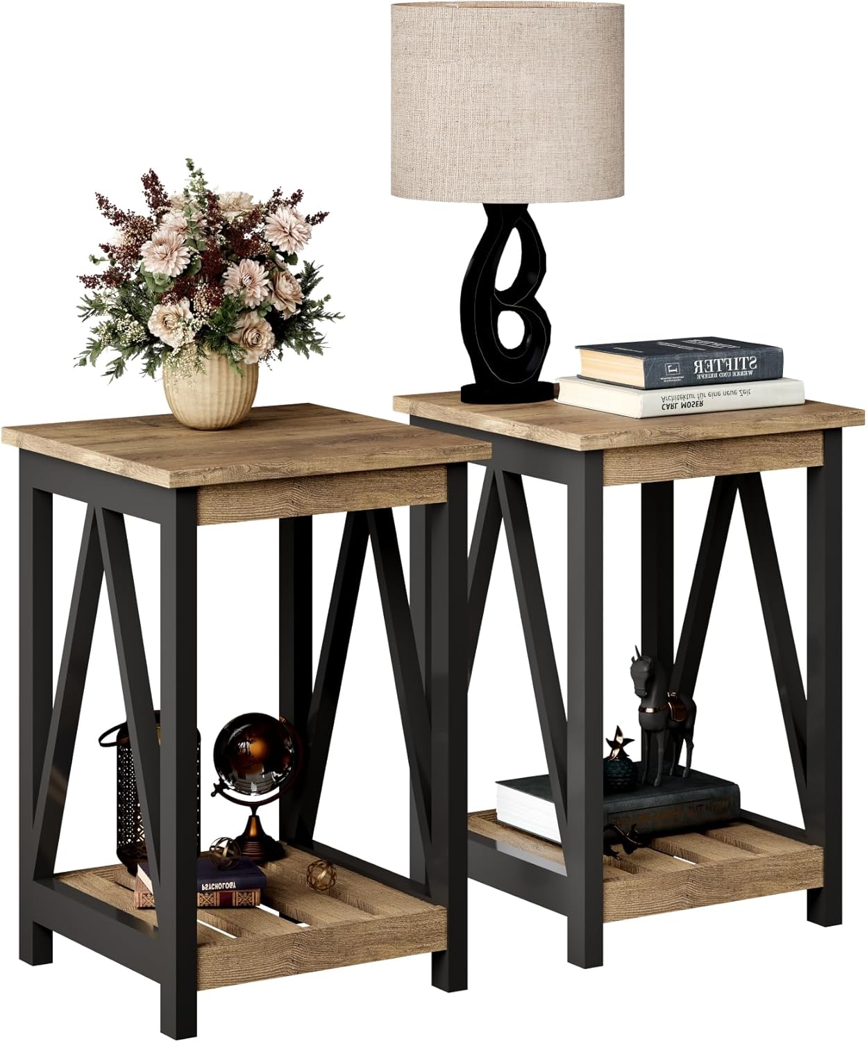 ChooChoo Farmhouse End Table, Rustic Vintage End Side Table with Storage Shelf for Small Spaces, Nightstand Sofa Table for Living Room, Bedroom,Rustic Oak & Black 2 Pack
