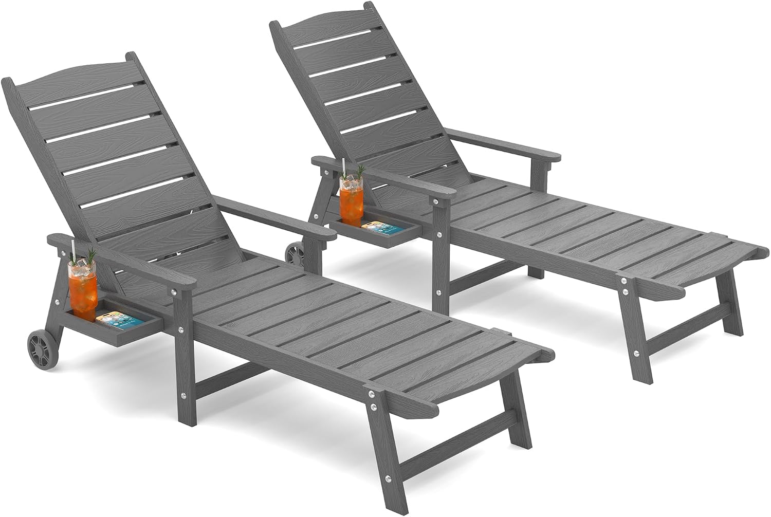 Outdoor Lounge Chairs Set of 2, 6.3ft Outside Chaise Pool Lounger with Wheels,5-Position Adjustable Backrest, 2 Flip-Down Side Cup Holders,HIPS All-Weather for Poolside,Patio,Backyard