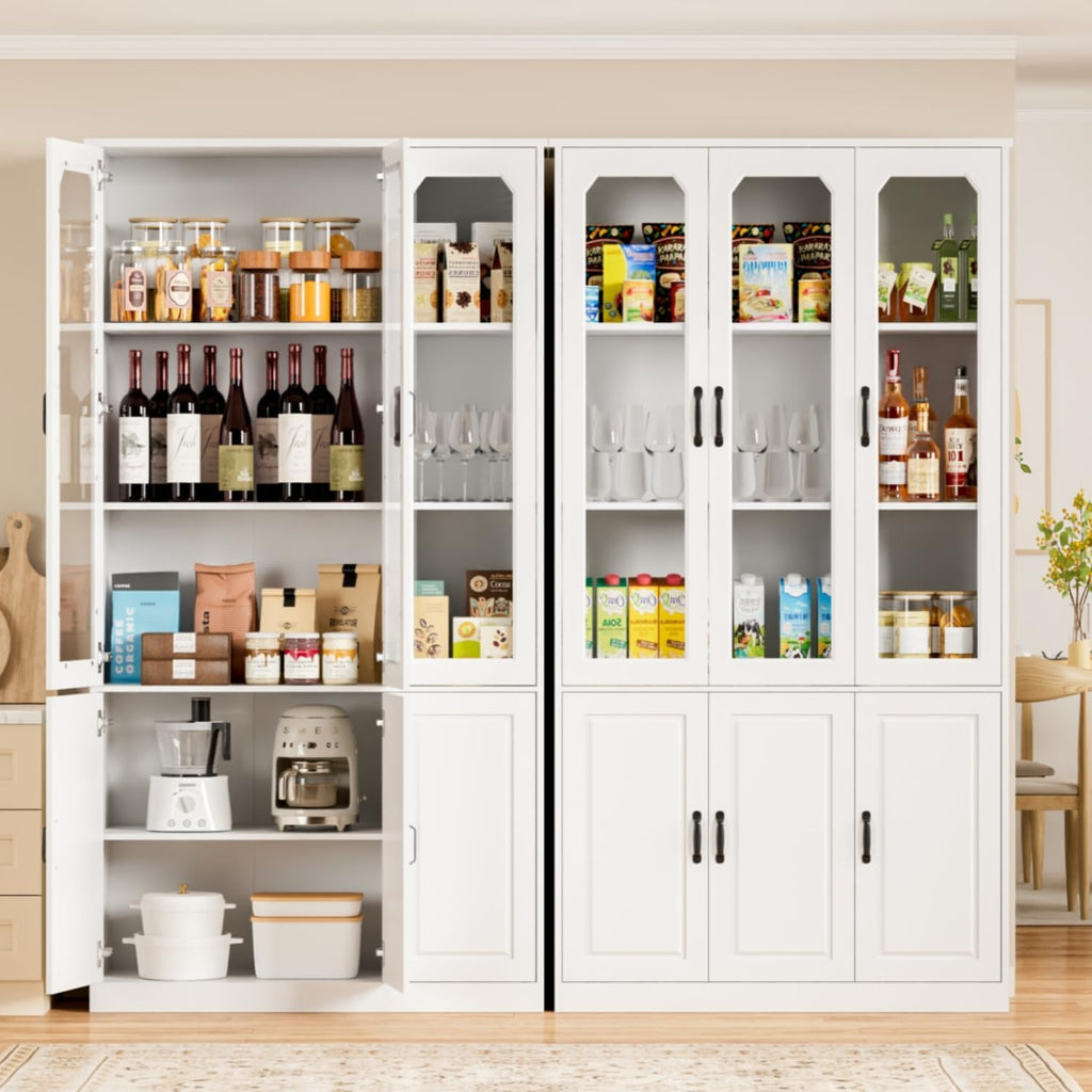 White Kitchen Pantry Cabinet, 78.7" Tall China Cabinet with Glass Doors and Adjustable Shelves, Wooden Display Cabinet for Dining, Living Room, White