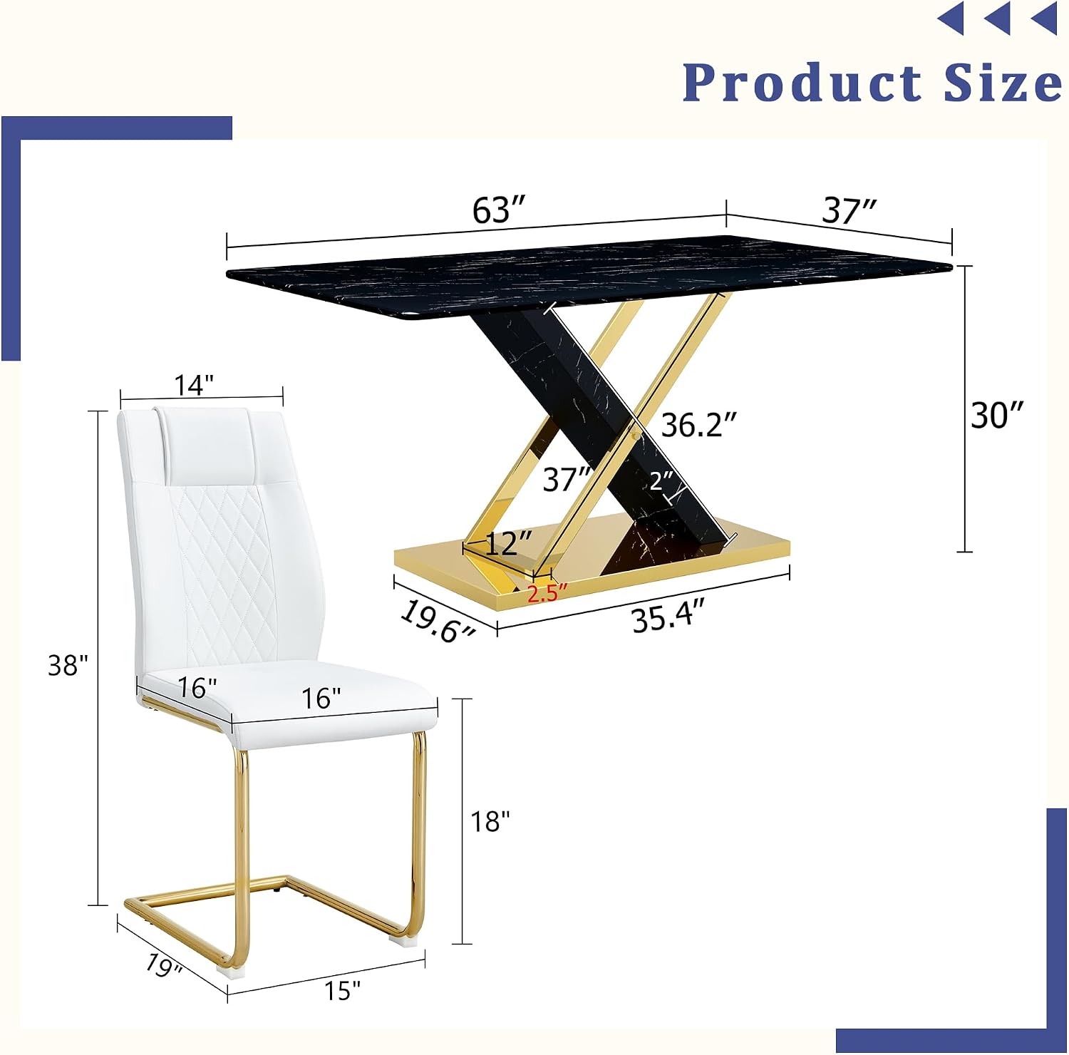 YUNDREAM Modern Marble Dining Table Set for 4,Black Gold 63'' Dining Room Table with Chrome Plated X-Shaped Frame and White Leather Dining Chairs,Easy Assemble,Kitchen Table and Chairs for Dining Room