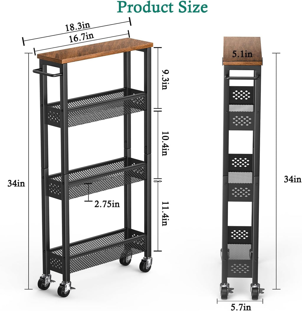 XYZLVSI Slim Storage Cart 4 Tier Narrow Kitchen Rolling Cart on Wheels for Small Space, Mobile Utility Cart Shelving Unit with Wooden Top and Metal Handle for Kitchen, Bathroom, Laundry Room