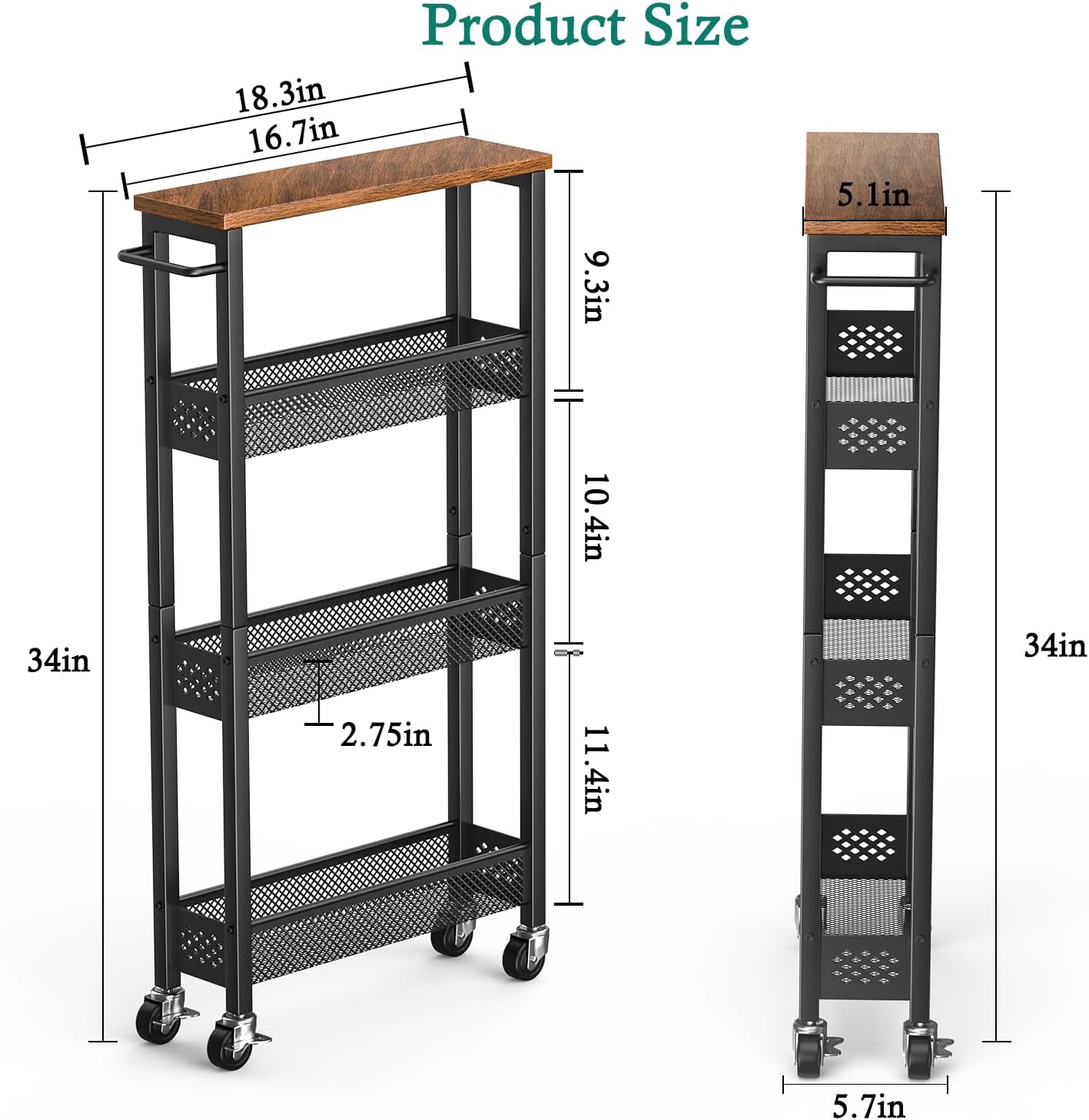 XYZLVSI Slim Storage Cart 4 Tier Narrow Kitchen Rolling Cart on Wheels for Small Space, Mobile Utility Cart Shelving Unit with Wooden Top and Metal Handle for Kitchen, Bathroom, Laundry Room