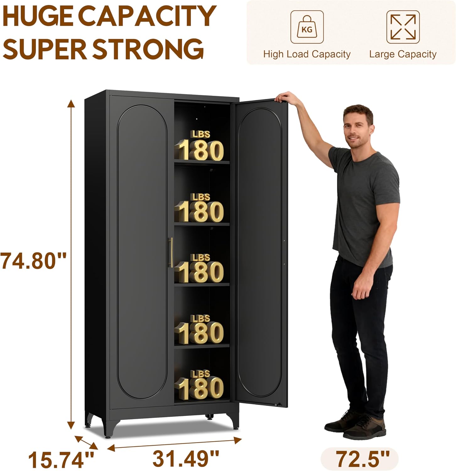 UNICOLY 75" Tall Pantry Storage Cabinet with Doors and 4 Adjustable Shelves, Freestanding Cupboard for Kitchen, Dining Room, Living Room, Bathroom, Black
