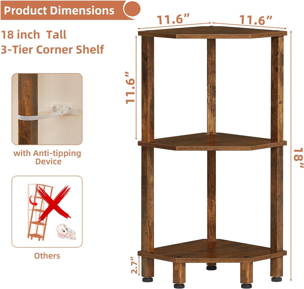 YUFAM 3-Tier Corner Shelf with Sturdy 5-Leg Base, Wooden Corner Bookshelf for Small Spaces, Small Corner Table for Living Room, Bedroom, Office, Brown