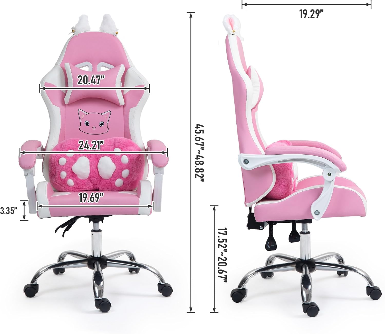 Pink Gaming Chair with Cat Paw Lumbar Cushion and Cat Ears, Reclining PC Game Computer Chairs, Ergonomic Gamer Chair for Kids, Girls, Teens