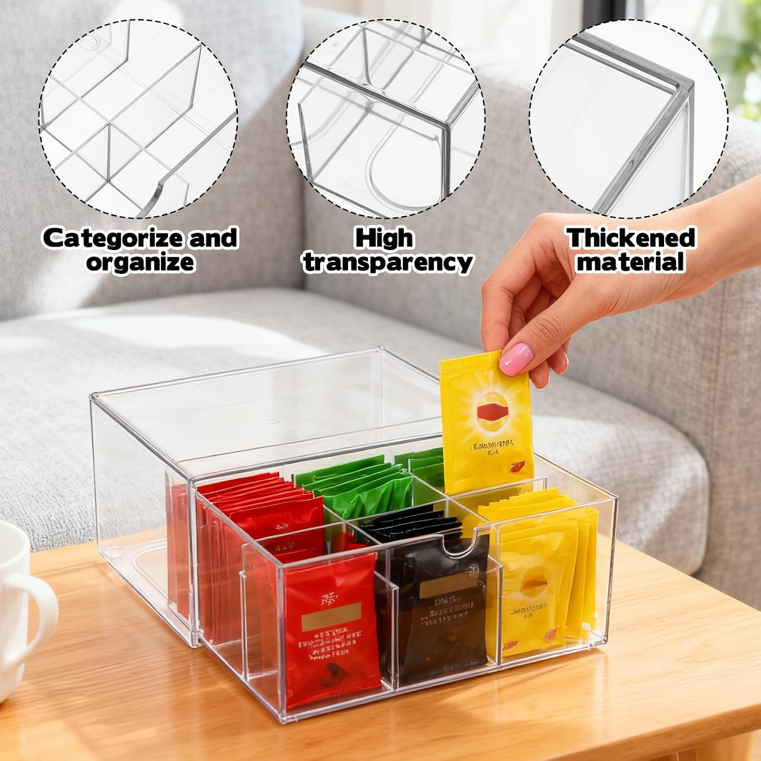 Rainmae Tea Bags Organizer Clear Acrylic Teabag Drawer Holder with 9 Compartments Stackable Tea Caddy Water Flavor Packet Storage Drawer for Counter, Countertop, Kitchen