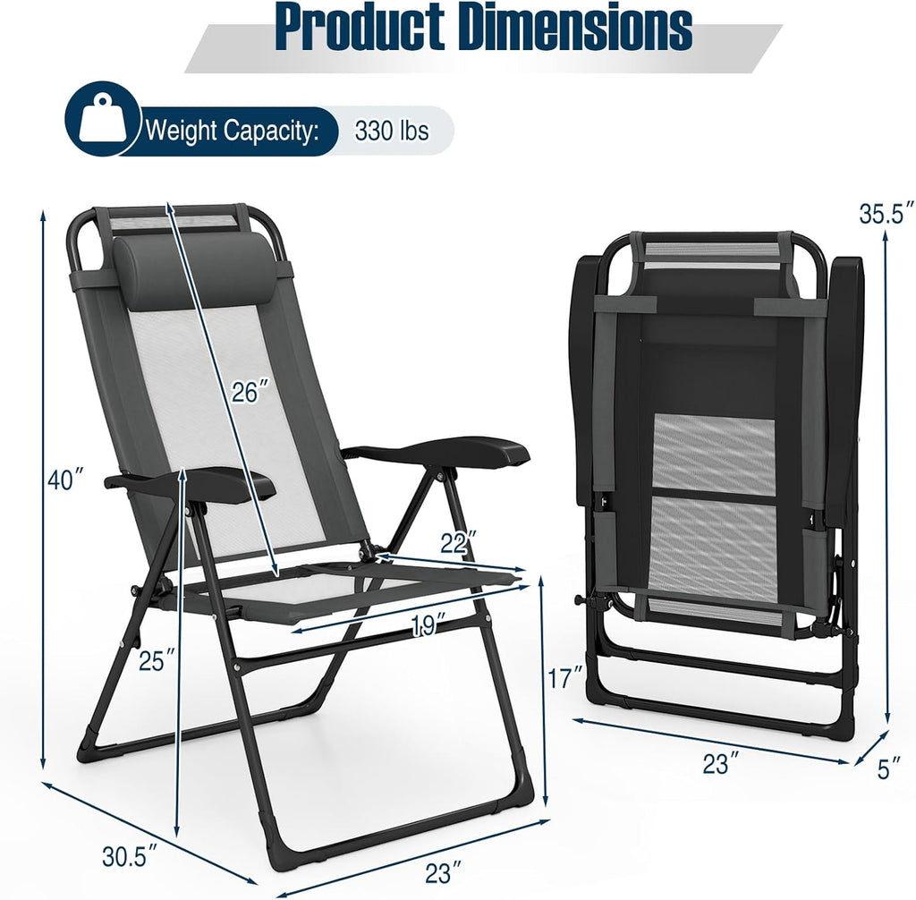 Giantex Set of 2 Patio Folding Chairs, Portable Outdoor Dining Chairs with 7-Level Adjustable Backrest, Headrest, Metal Frame, Outside Recliner for Front Porch Camping Picnic Lawn Garden, Dark Gray