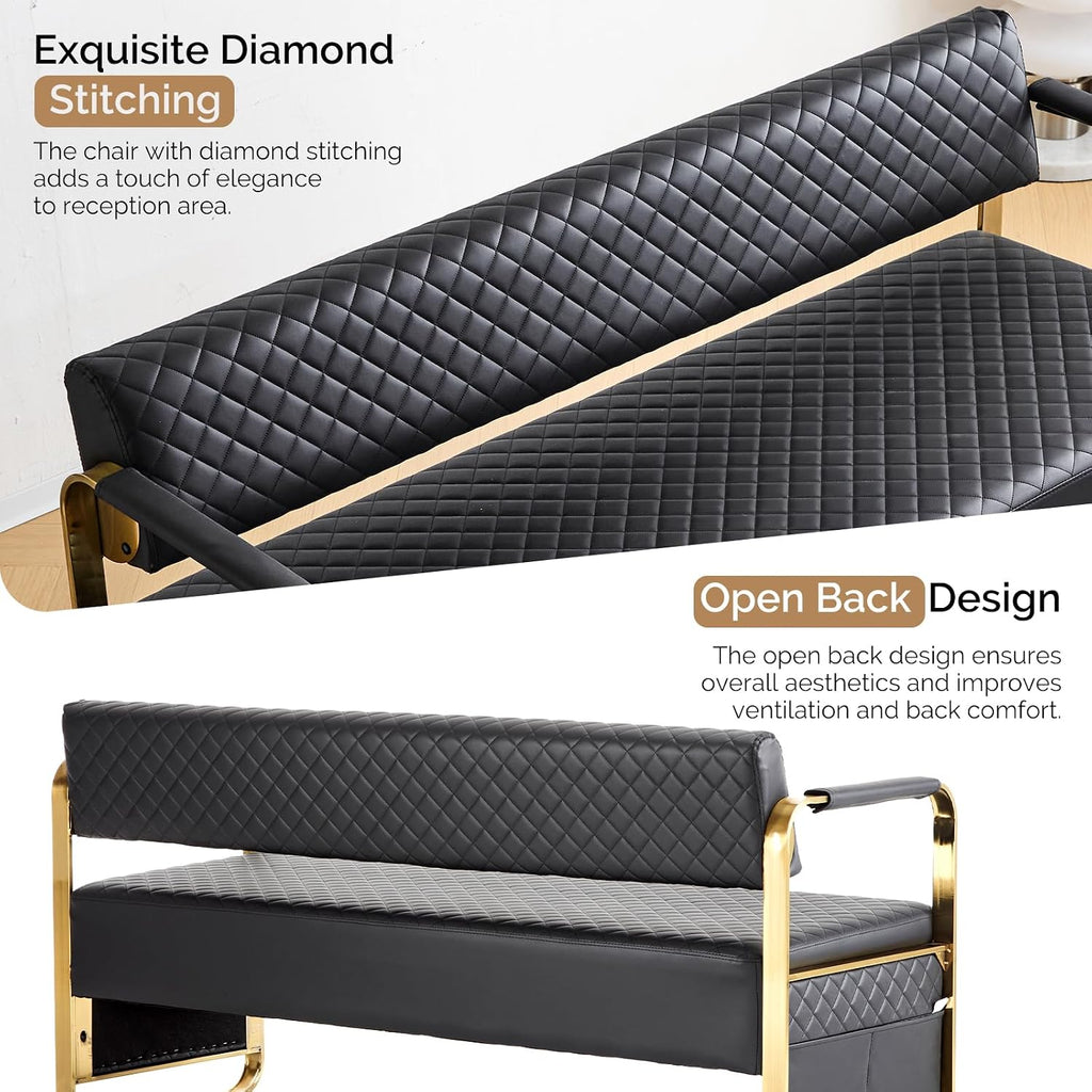 OmySalon Waiting Room Chairs with Arms, 57.5’’ Office Guest Chair upholstered Bench Seating, Reception Furniture for Beauty Salon Barbershop Airport Bank Hall Room Conference, Black&Gold