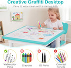 Olakids Kids Table and 2 Chair Set, Height Adjustable Toddler Activity Desk with Graffiti Desktop Storage Boxes, Children Furniture for Arts Crafts Learning Drawing (Light Green)