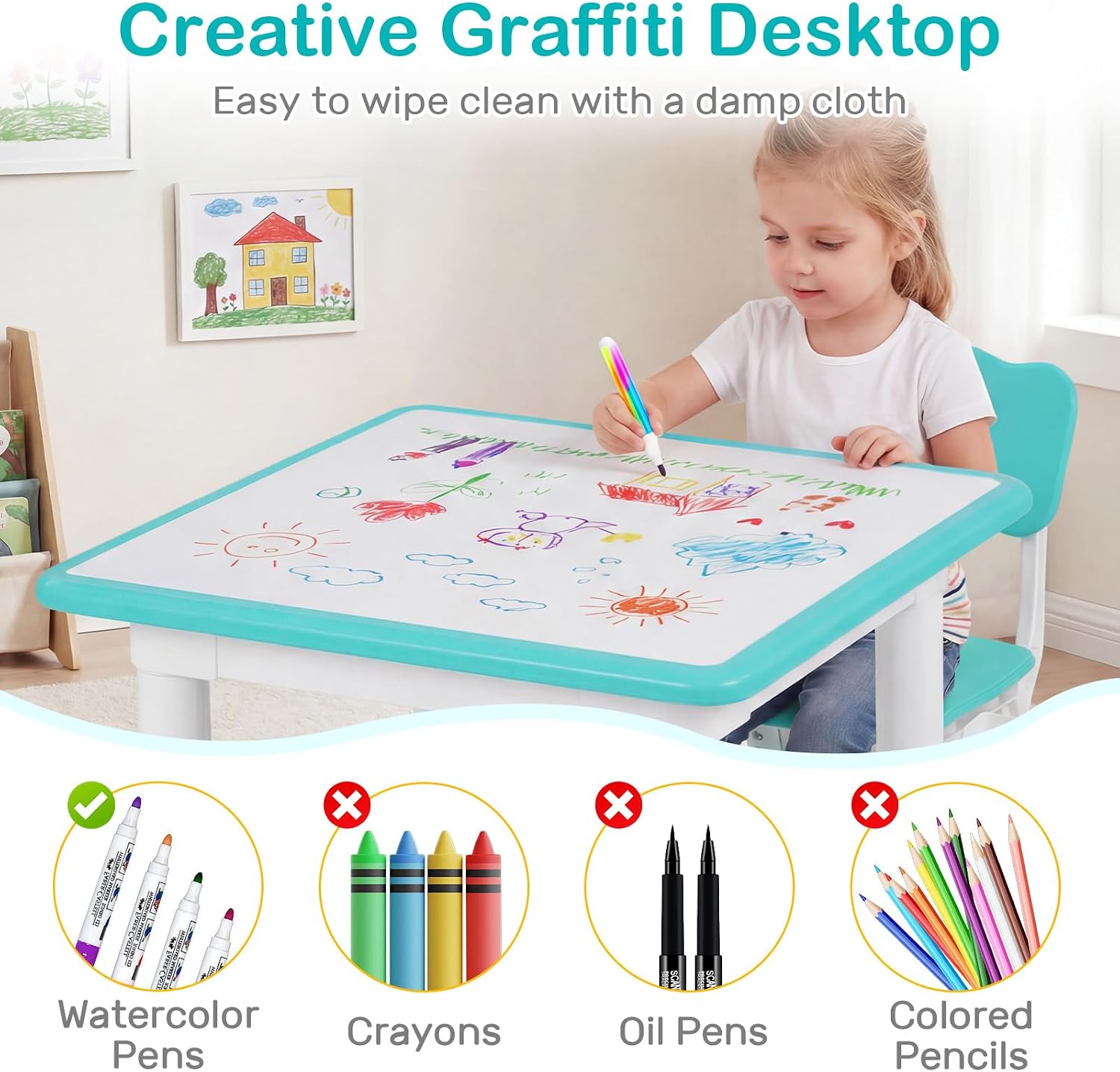Olakids Kids Table and 2 Chair Set, Height Adjustable Toddler Activity Desk with Graffiti Desktop Storage Boxes, Children Furniture for Arts Crafts Learning Drawing (Light Green)