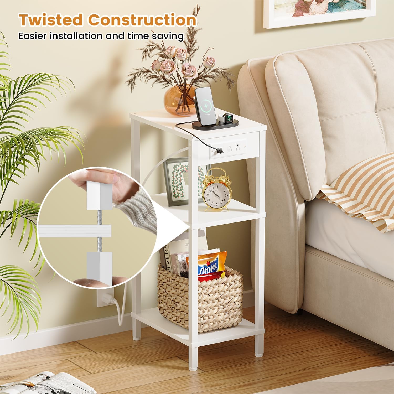 Creso hom Tall End Table with Charging Station and USB Ports, 3 Tier Narrow Tall Bedside Table with Storage, Slim Nightstand with Outlets for Bedroom, Living Room, Nursery, Office, White