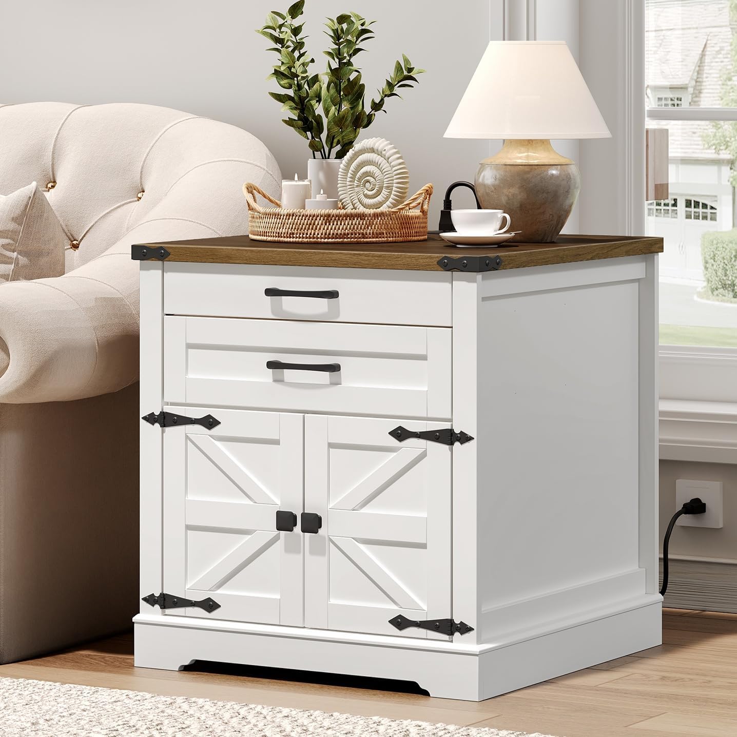 RALGEND Farmhouse End Table Set of 3, with Charging Station, 24'' Sofa Side Table with 2 Drawers and Barn Door, Large Rustic Wooden Square Nightstand for Bedroom, Living Room, White and Walnut