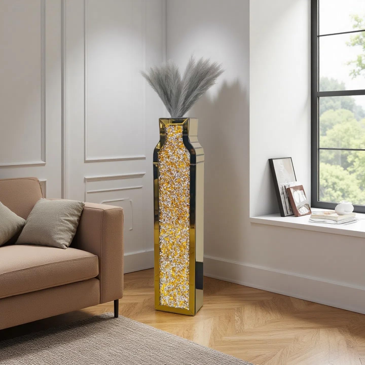 30" Tall Double Sided Crushed Diamond Vases, GoldLarge Mirrored Sliver Vase for Floor,Crystal MirrorDecorative Vase for Home,Office,Hotel (Gold, 6.8" L x 4.7" W x30 H)