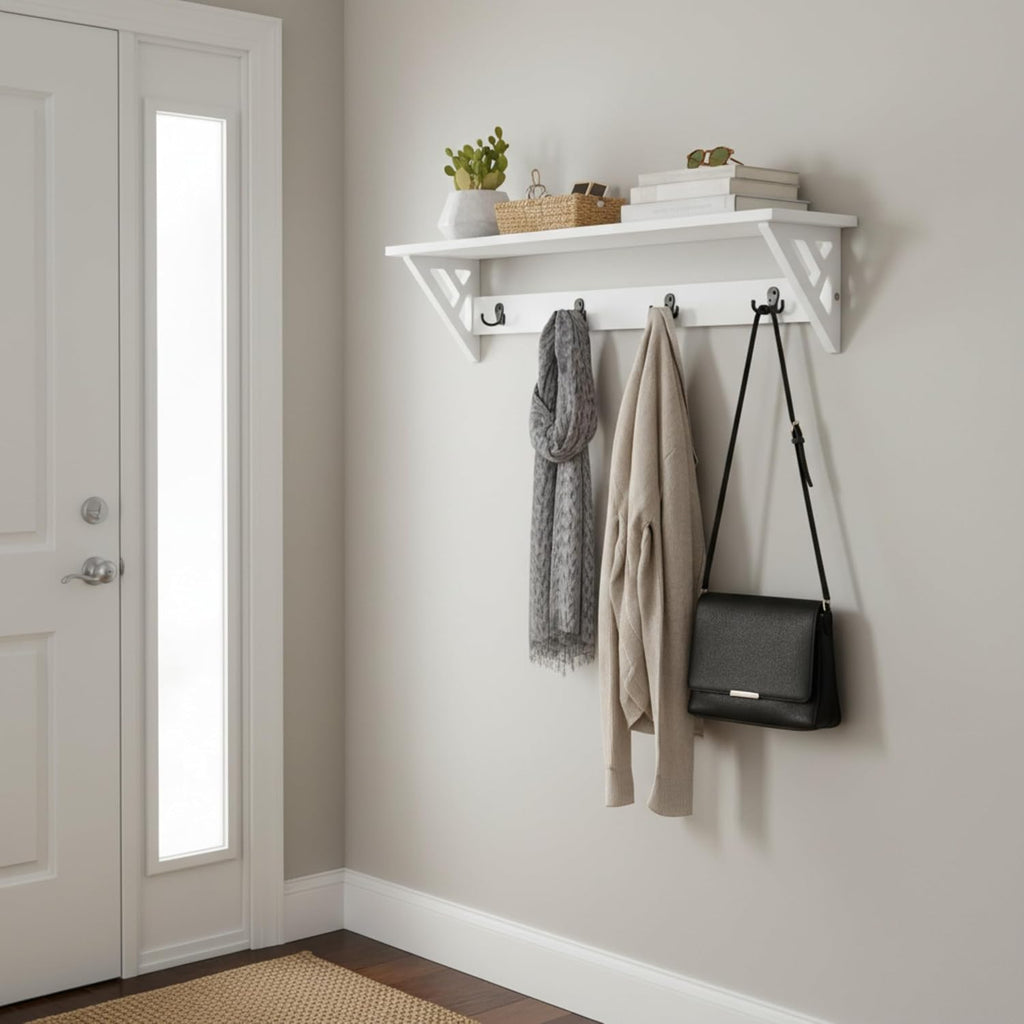 Coventry Wall Mounted Coat Rack with Shelf – Modern 36-Inch Entryway Wall Organizer with 4 Double Hooks – Space-Saving Storage for Apartments, Small Spaces, or Mudroom by Alaterre Furniture (White)