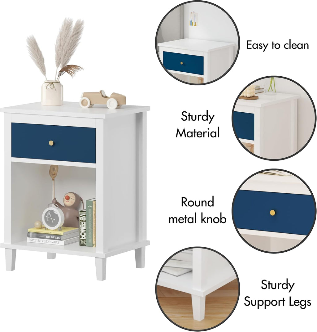 Modern Nightstand, Kids Nightstand with One Drawer, End Table for Boys and Girls, Toddler Night Stand for Living Room, Bedroom (Navy)