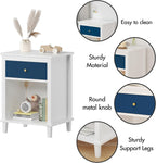 Nightstand with One Drawer & Open Storage Shelf, Modern Wooden Bedside Table for Kids, 26.77''H End Table for Living Room, Bedroom, Toddler Nightstand for Boys and Girls, White+Navy