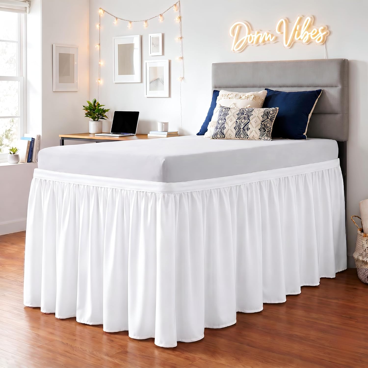 SGI bedding Dorm Bed Skirt Twin XL 32 Inch Drop Length - White, Ruffled Pattern College Dorm Room Bed Skirts - Split Corner, Easy Care, Wrinkle Free 1800 Series Microfiber Bed Skirt