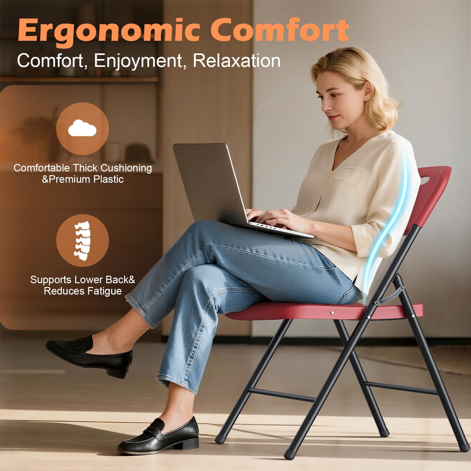 VTOY Heavy Duty Folding Chairs, 450 lbs Capacity Stackable Plastic Chairs, Durable & Comfortable for Indoor Outdoor, Wedding, Party, Patio, Office (Red 2 Pack)