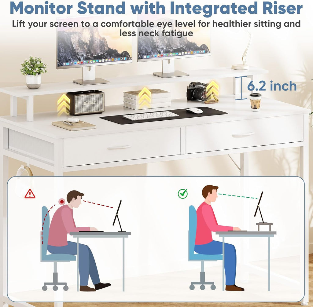 DUMOS 39.4" x 19.7" Compact Computer Desk with Monitor Stand and 2 Drawers, Small Writing Desk with Drawers for Home Office, Study Table for Small Spaces, White