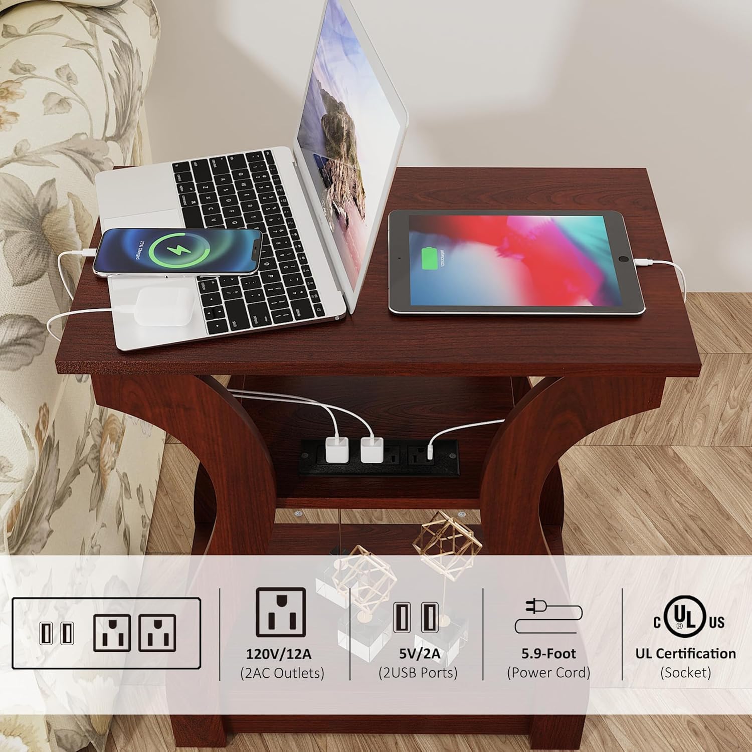 FROMJBEST End Table with Charging Station, Side Table with USB Ports and Outlets, 3 Tier Nightstand Sofa Table for Small Spaces, Beside Table with Storage Shelf for Living Room, Bedroom, Cherry