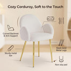 Corduroy Dining Chairs Set of 4, Ergonomic Curved Backrest Armchair with Gold Legs, Elegant Ribbed Upholstery Side Chairs for Glam Living Room & Dining, Cream White