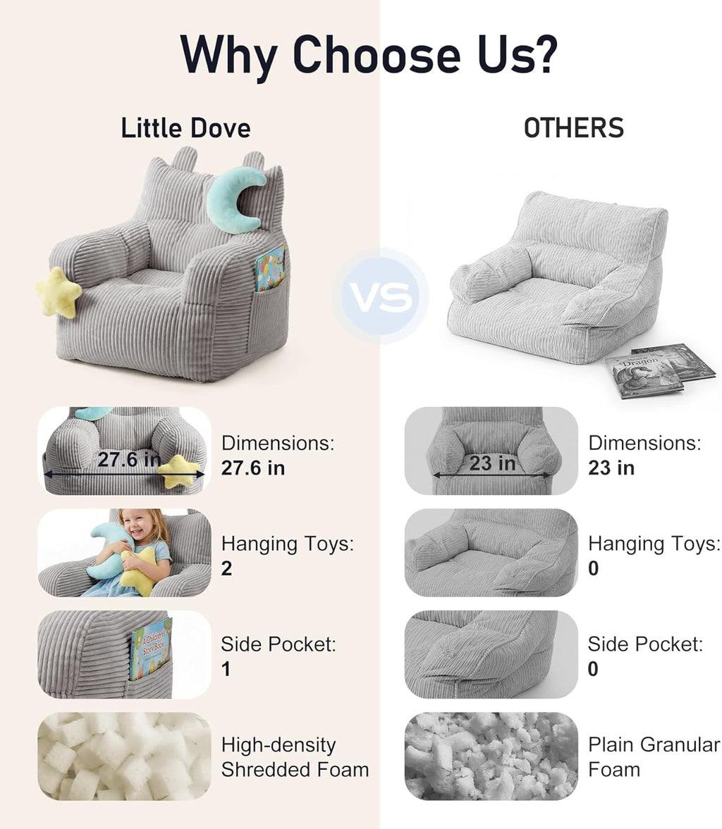 little dove Bean Bag Chairs for Kids, Comfy Bean Bag Chair with 2 Plush Toys, Toddler Chair with Pocket, Stuffed Lazy Sofa with Filler for Boys and Girls, Kids Chairs for Gaming, Reading, Grey
