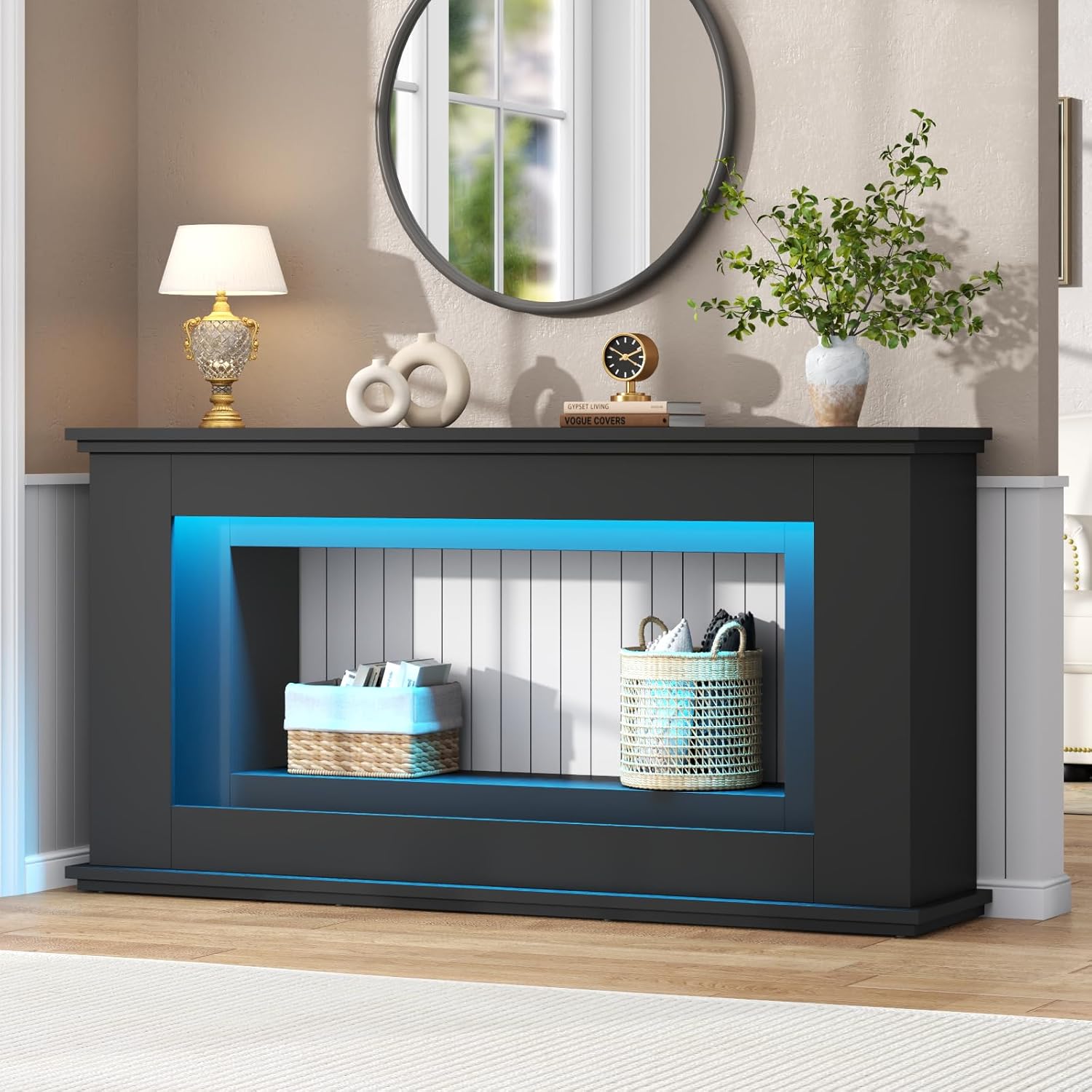 Loomie 63” Long Console Tables for Entryway, Narrow Long Entry Table with LED Lights, 2-Tier Sofa Table Behind Couch, Modern Hallway Accent Table for Living Room, Entrance (Black)