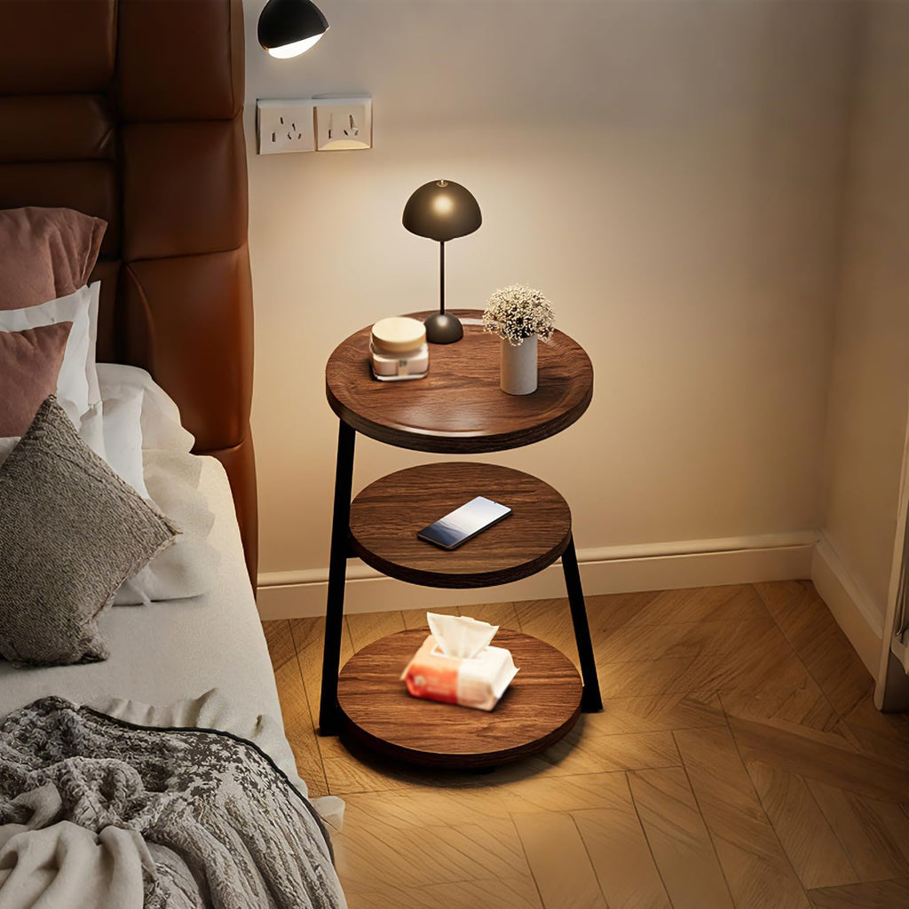 YUNMUARY-Walnut Wood Side Table,Modern Round Bed Tables Bedroom,Circle End Table with Storage,16 Inches Wide Small Couch End Tables for Kitchen,Hallway,Living Room,and Corners.