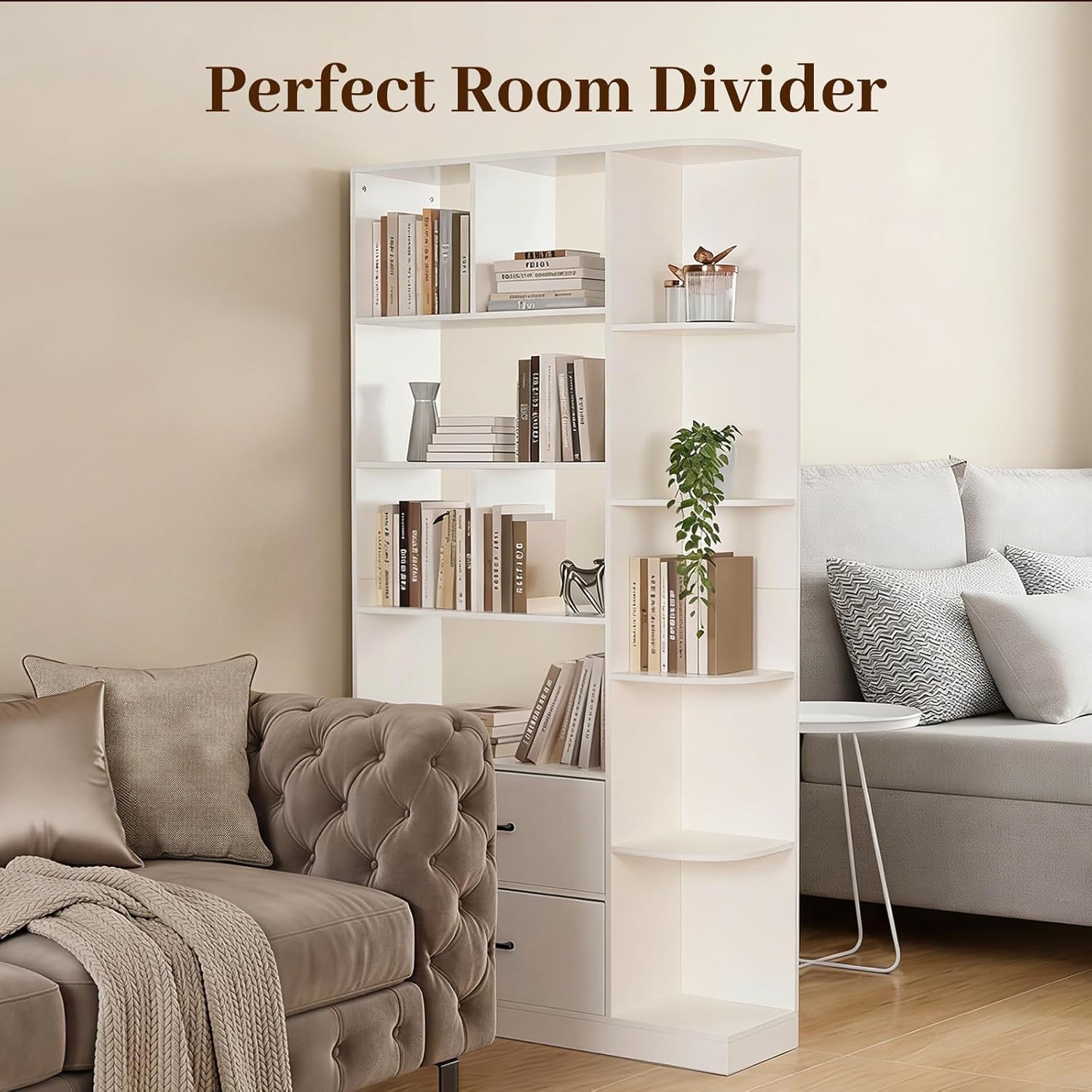 NORTHSKY Book Shelf with 2 X Fabric Drawers, 5-Tier Tall Bookshelf, Modern Wood Storage Organizer with Open Shelves for Living Room Bedroom Home Office, White
