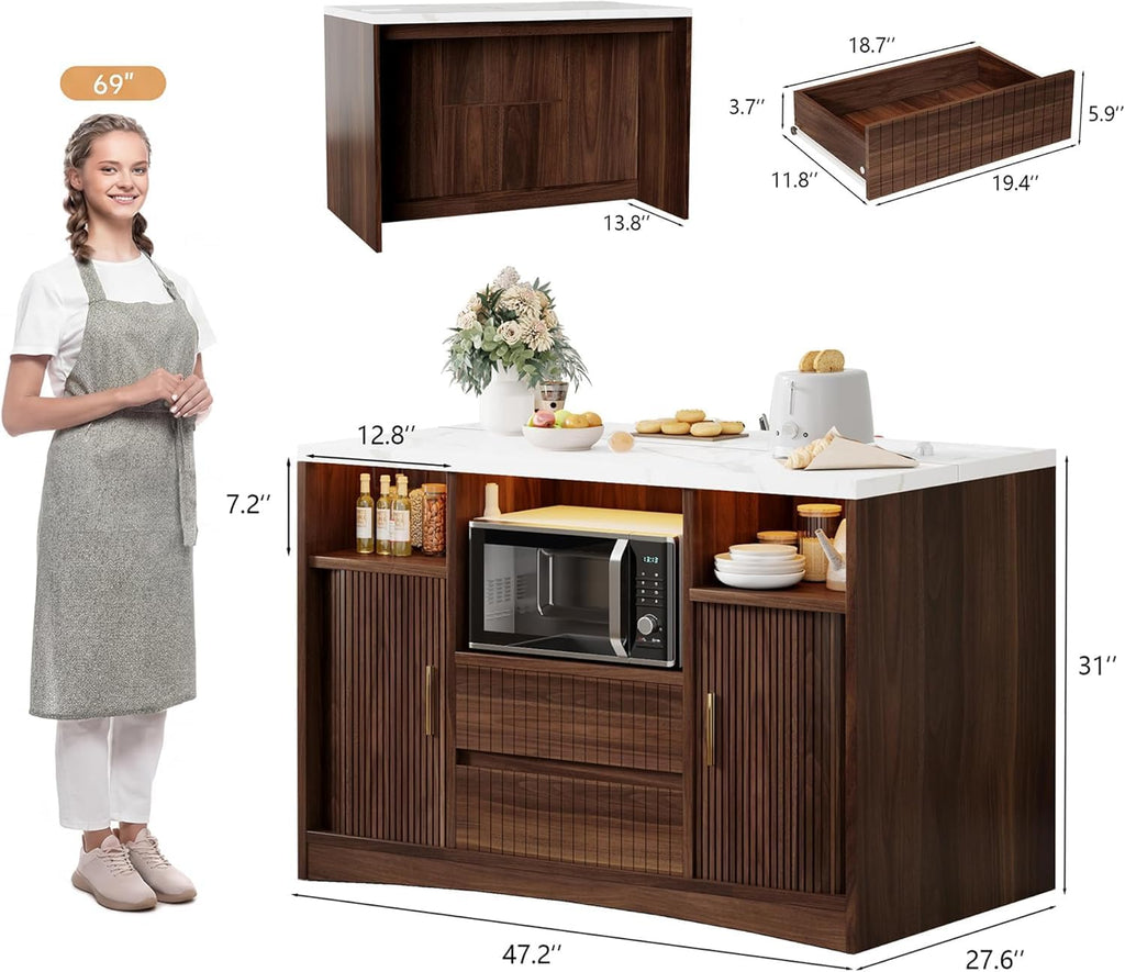 Kitchen Island with Power Outlet and LED Lights, 47" Rolling Kitchen Island Table with Storage, Marble Top Mobile Kitchen Cart on Wheels with Microwave Space & Drawers & Sliding Doors, Walnut