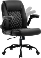 Leather Office Chair, 300lbs Heavy Duty Mid-Back Desk Chairs with Flip-up Armrests, Space-Saving Swivel Task Chair with Wheels, Adjustable Height and Ergonomic Back Support, Black
