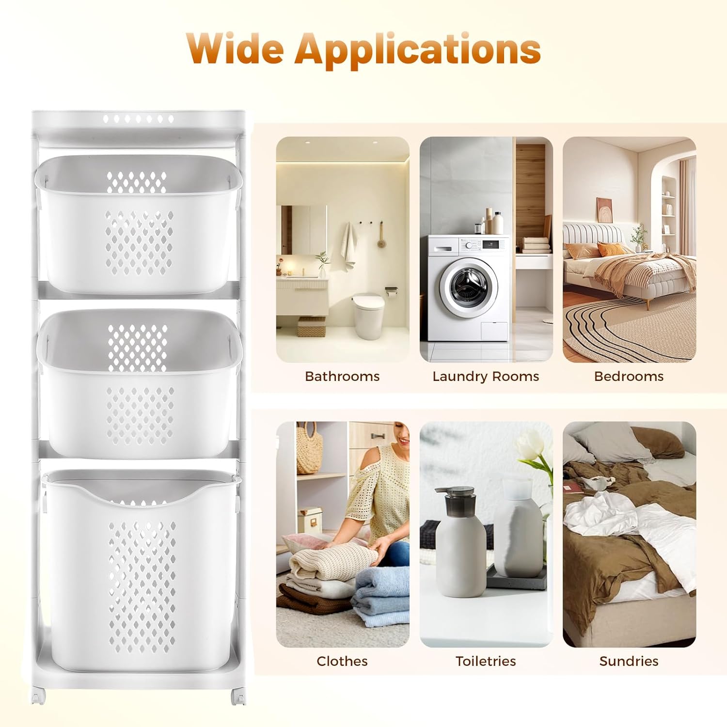 3-Tier Rolling Laundry Basket Organizer Sorter with Wheels, Vertical Removable Dirty Clothes Laundry Hamper Cart for Laundry Room Organization Dorm, Closet, Bathroom