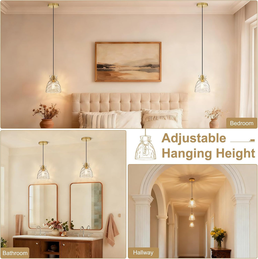 5.9" Mini Black Gold Pendant Lights Kitchen Island 2 Pack, Small Brushed Brass Hammered Glass Pendant Light Fixtures, Modern Hanging Lights Kitchen Pendant Lighting over Sink Bathroom Dining Room