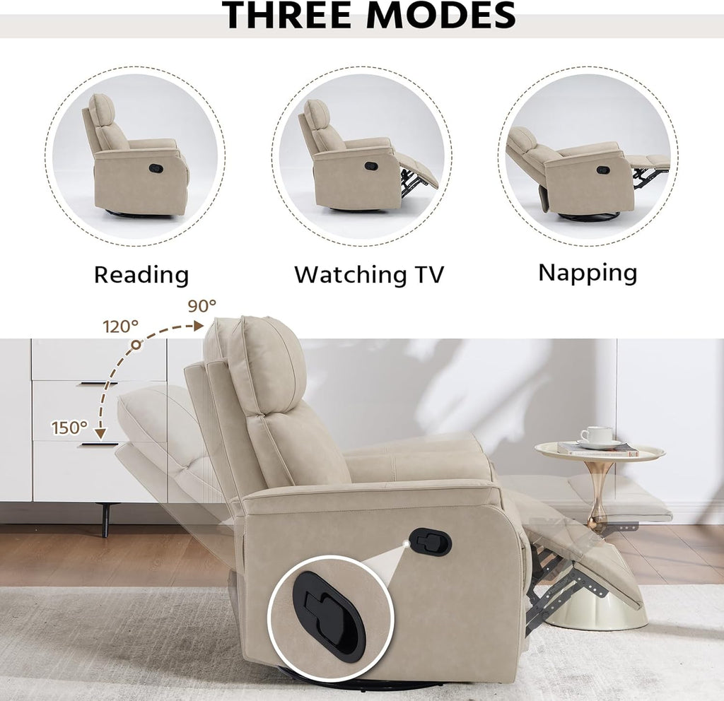 HAOMARKETS Swivel Rocker Recliner Chair Set of 2, Manual Faux Leather Glider Rocking Recliners for Adults, 360° Swivel Nursery Reclining Sofa with Padded Backrest for Living Room, Beige