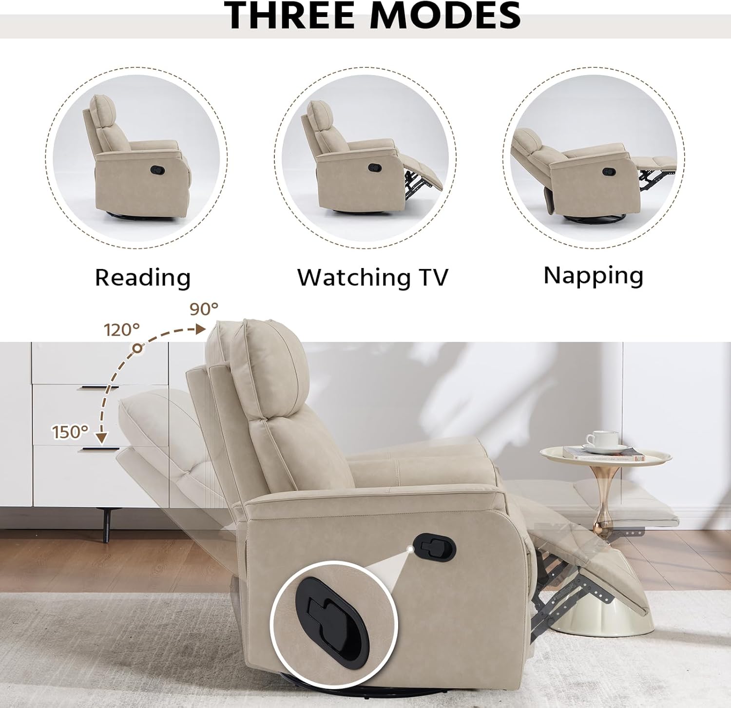 HAOMARKETS Swivel Rocker Recliner Chair Set of 2, Manual Faux Leather Glider Rocking Recliners for Adults, 360° Swivel Nursery Reclining Sofa with Padded Backrest for Living Room, Beige