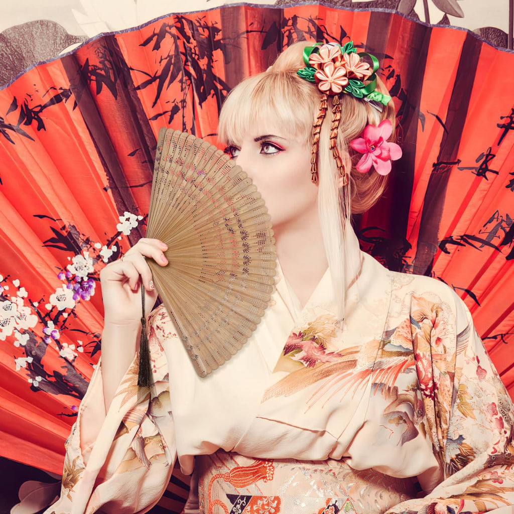 SEWACC Bamboo Folding Hand Fan, Vintage Chinese Silk Handheld Fan for Dancing And Party Decoration