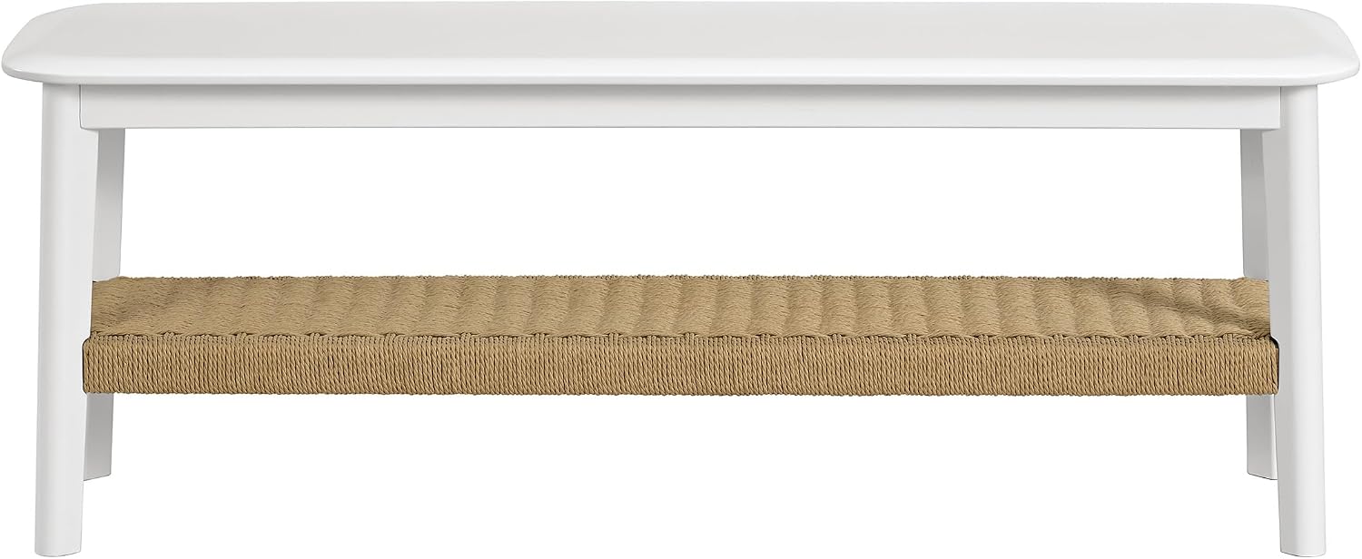 Alaterre Furniture Calais 48 Inch Solid Wood Entryway Bench with Woven Storage Shelf – Mid Century Modern 2-Tier Shoe Bench for Living Room, Hallway or Foyer (White)