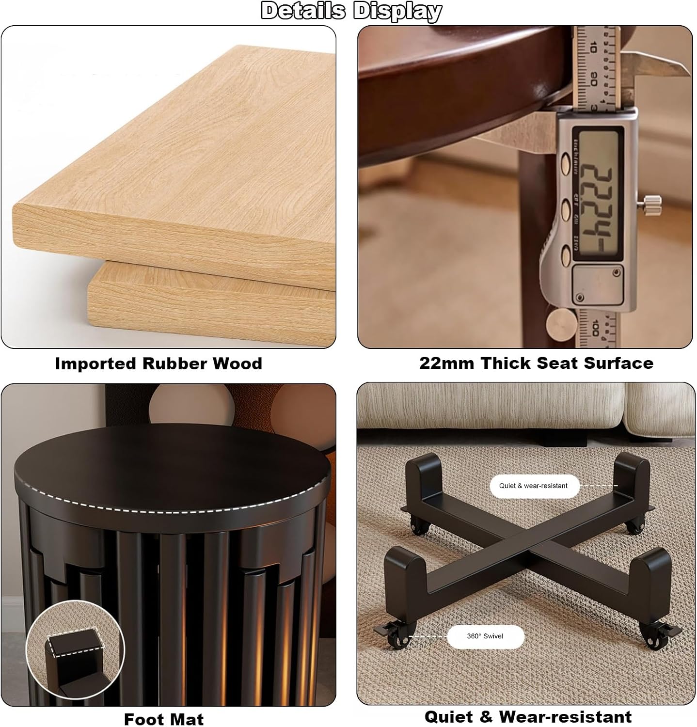 Stackable Stools Set of 6, Round Wooden Stools Nesting Side Tables with Locking Casters, 360°Swivel Versatile Coffe Table for Living Room,Office(Walnut)