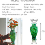 Hand Blown Green Classic Vase for Home Decor, 11.5Inch Glass Flower Vase for Shelf Decor, Living Room Decor, Centerpieces, Unique Gift for Her Mom Sister Friends