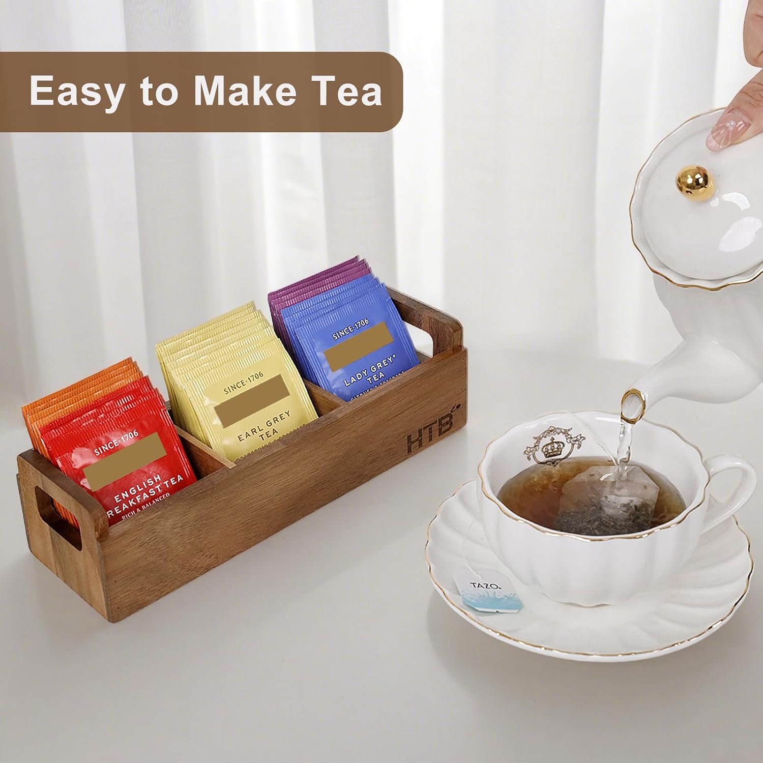 HTB Acacia Wood Small Tea Bag Box with 3 Compartments for Counter Drawer | Tea Bag Chest with Handle, Mini Countertop Divided Storage Container for Beverage Supplies, Sugar, Sweeteners