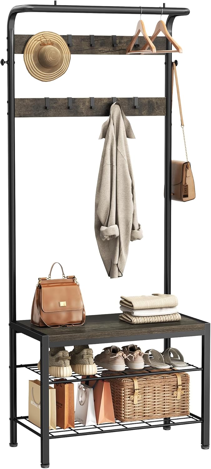 DUMOS 5-in-1 Hall Tree with Coat Rack and Shoe Bench, Industrial Entryway Storage Organizer with Top Hanging Rod, 10 Movable Hooks & Side Hooks, Mudroom Bench with 2-Tier Shoe Rack, Grey