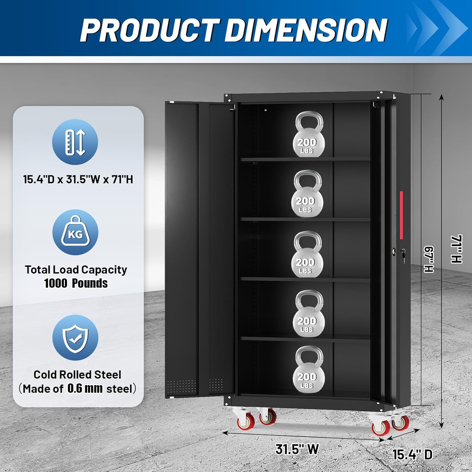 Metal Storage Cabinet with Wheels,71" Garage Cabinets with 4 Adjustable Shelves and Lockable Doors,Black Locking Cabinet Suitable for Garages,Home,Office