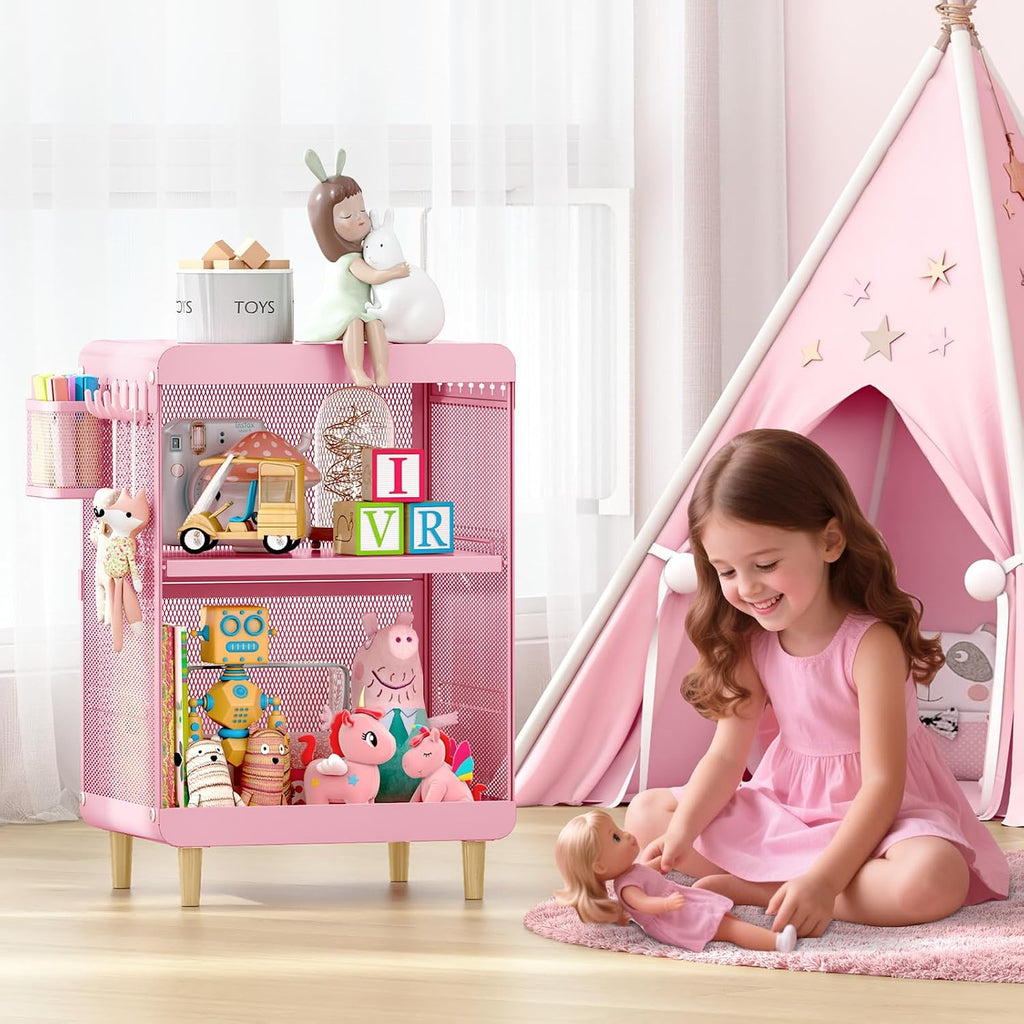 SYKIARIOL Kids Nightstand for Girls, 3-Tier Storage Shelf, Pink | Metal Bedside Table with 4 Hooks & Hanging Basket, Toddler Night Stand for Bedroom