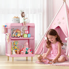 SYKIARIOL Kids Nightstand for Girls, 3-Tier Storage Shelf, Pink | Metal Bedside Table with 4 Hooks & Hanging Basket, Toddler Night Stand for Bedroom