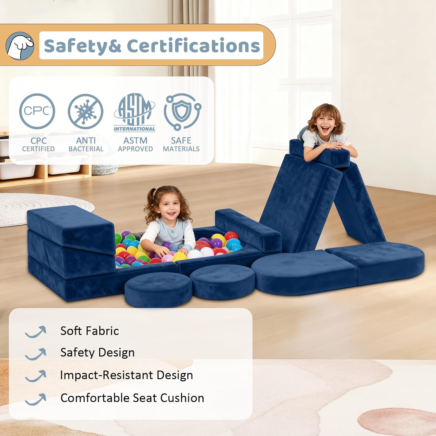 12pcs Modular Kids Play Couch - CPC Certified Convertible Toddler Sectional Sofa, Washable Durable Foam Floor Cushion for Kids Playroom (Play Fort/Castle)