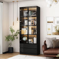 Modern LED Display Cabinet with 2 Storage Drawers, 4-Tier Aluminum Frame Tempered Glass Showcase, Push-to-Open Design, for Collectibles, Black 31.5" W x 14.2" D x 78.7" H